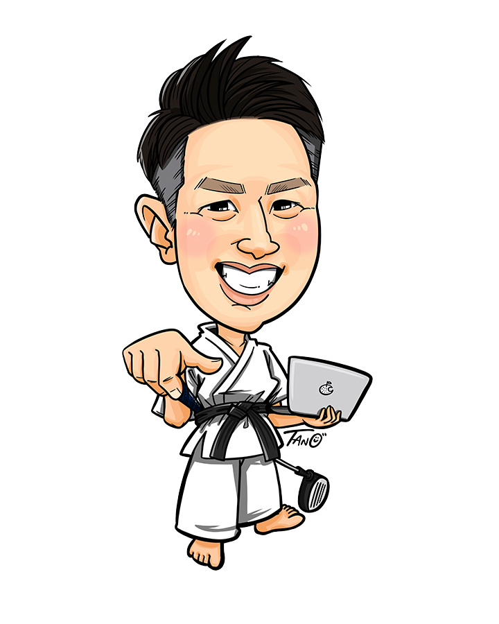 空手の道着を着てMacとドライバーを持つ野中翔平のイラスト。彼のウェブ開発と武道の専門知識、ゴルフの愛情を表しています。